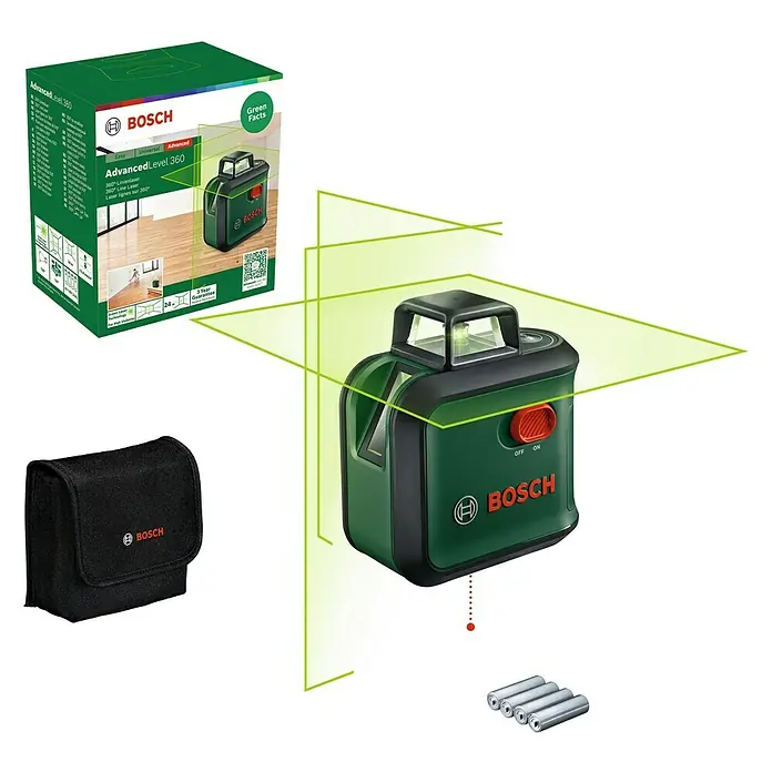 Bosch Kreuzlinienlaser AdvancedLevel 360 - Max. Arbeitsbereich: 12 m, 6 -tlg. - Das Bosch Advanced Level 360 Set mit 360° Linienlaser, Batterien und einer praktischen Aufbewahrungstasche für präzise Nivellierung.