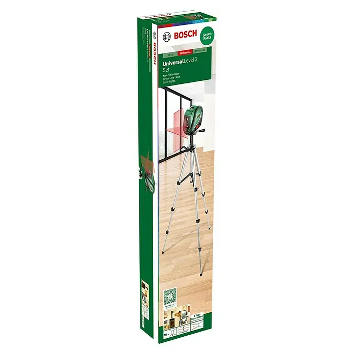 Bosch Nivel láser en cruz Level 2 Set - Zona de trabajo máx.: 10 m, 6 pzs. - Embalaje del producto del láser de líneas cruzadas Bosch UniversalLevel 2 Set con trípode, ideal para la alineación precisa en interiores.