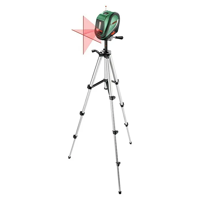 Bosch Nivel láser en cruz Level 2 Set - Zona de trabajo máx.: 10 m, 6 pzs. - Imagen de un láser de líneas cruzadas Bosch sobre un trípode, proyectando líneas láser rojas, ideal para tareas de alineación precisas.