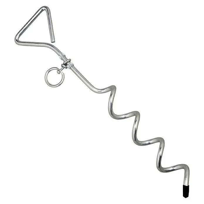 AceCamp Schraubhering - Stahl, 41 cm - Silberner spiralförmiger Metall-Erdanker mit Dreiecksgriff, Drehring und schwarzer Spitze.