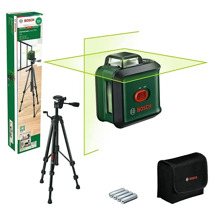 Bosch Kreuzlinienlaser UniversalLevel 360 Set - Max. Arbeitsbereich: 12 m, 7 -tlg. - Bild eines Bosch UniversalLevel 360 Sets mit Laser, Stativ, Batterien und Tasche, ideal für präzise Nivellierarbeiten.