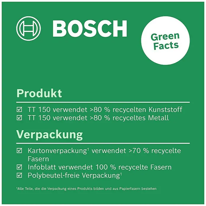 Bosch Stativ TT 150 - Höhenverstellung: 55 cm - 157 cm - Nachhaltige Produktmerkmale des Bosch Produkts: Mehr als 80 % recycelter Kunststoff und Metall im Produkt, Karton mit >70 % Recyclingfasern.