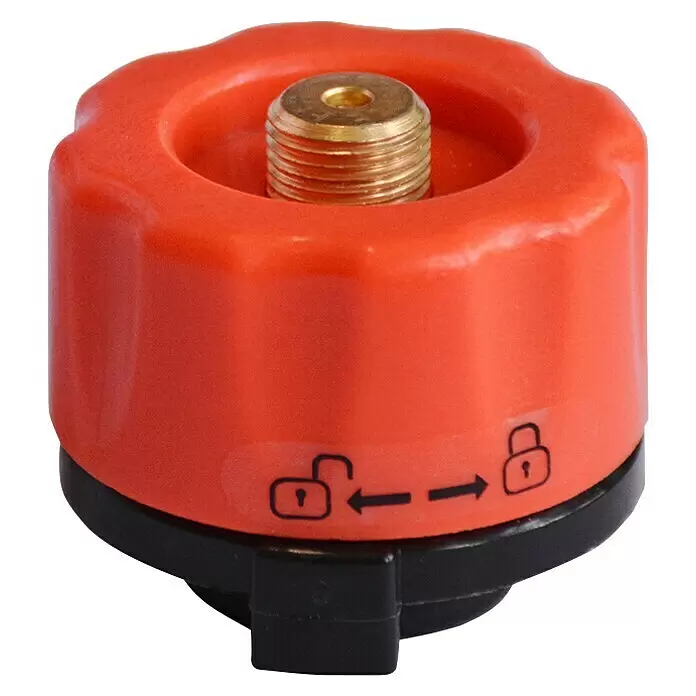 FireMaple Gaskartuschen-Adapter Anaconda - Ø x H: 4,2 x 3,5 cm, Rot - Orange-schwarzer Gasadapter mit Messinggewinde und Schloss-/Entriegelungssymbolen für Gaskartuschen.