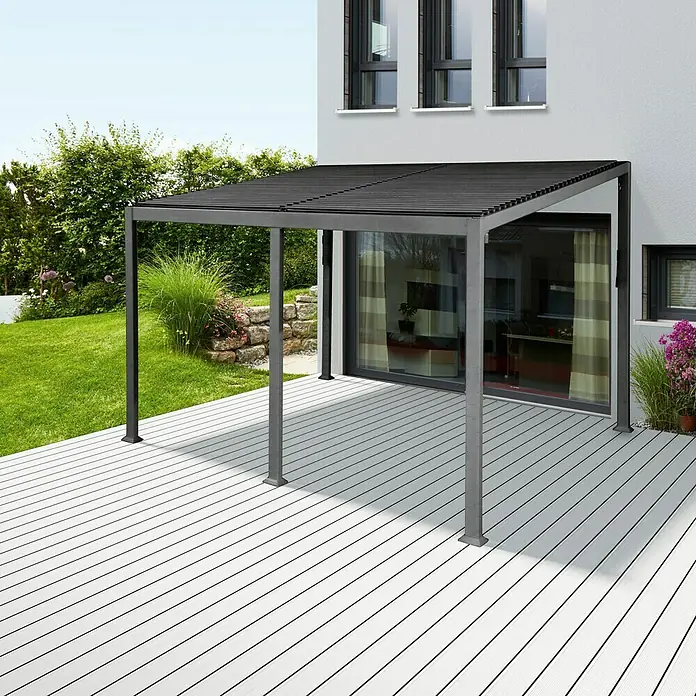 Sunfun Pérgola adosada Palma - An x Pr: 400 x 300 cm, Antracita, Aluminio - Imagen de una pérgola moderna con techo de lamas que proporciona sombra y mejora la experiencia al aire libre en un patio.