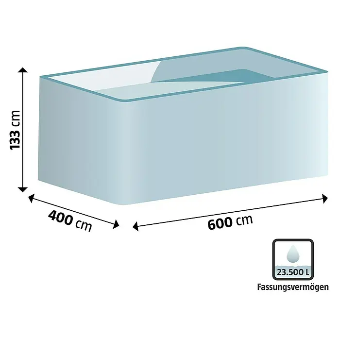Gre Holz-Pool Evora - L x B x H: 600 x 400 x 133 cm, Hellbraun, 23.500 l - Bild einer gefüllten Badewanne mit Angabe des Fassungsvermögens. Perfekt für entspannende Bäder.