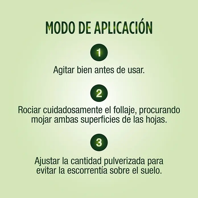 Antiorugas biológico universal Sanium - 800 ml - Pasos de aplicación del producto: Agitar antes de usar, rociar las hojas y ajustar la cantidad para evitar la escorrentía en el suelo.