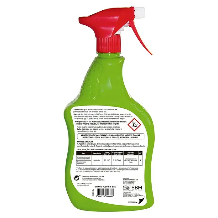 Antiorugas biológico anti-cochinilla Sanium - 800 ml - Primer plano de una botella de Sanium Spray, un producto para el control de plagas con boquilla roja y envase verde.
