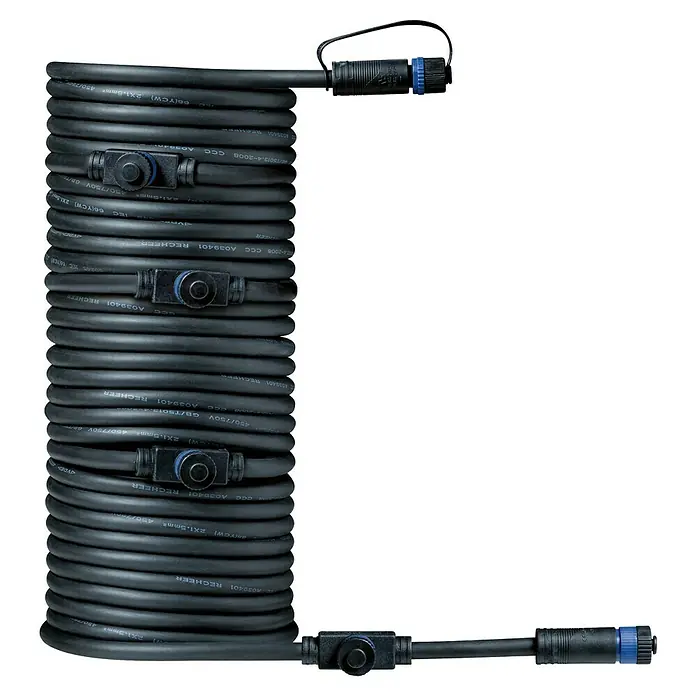 Paulmann Plug & Shine Verbindungskabel - 10 m, 5 Anschlüsse, IP68 - Die lange schwarze Kabeltrommel mit Anschlüssen ist aufgerollt und bietet eine praktische Lösung für den flexiblen Einsatz im Außenbereich.