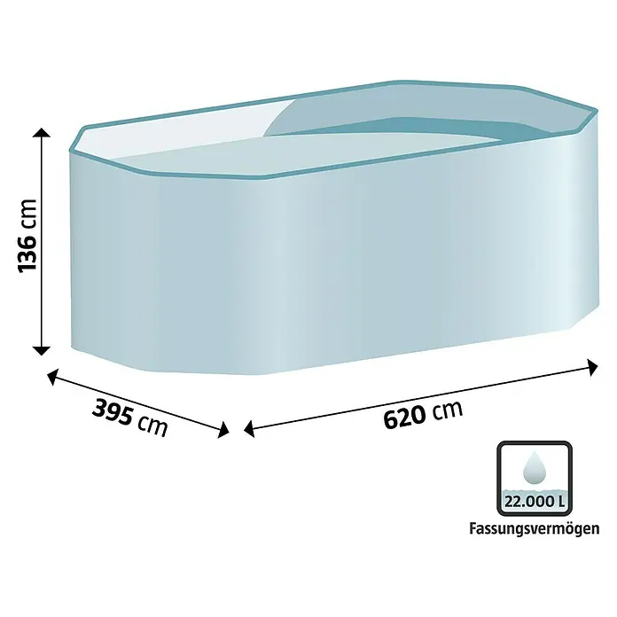 Gre Holz-Pool Safran 2 - L x B x H: 620 x 395 x 136 cm, Hellbraun, 22.000 l - Bild eines Wasserreservoirs mit einem Fassungsvermögen von 22.000 Litern, ideal für die Wasserspeicherung in größeren Mengen.