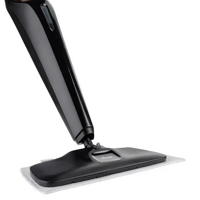 Vileda Steam Dampfreiniger Plus XXL40 cm, Bodenreinigung - Abbildung eines schwarzen Vileda Dampfreinigers mit rechteckigem Kopf und weißem Reinigungspad. Geeignet für hygienische Bodenreinigung.