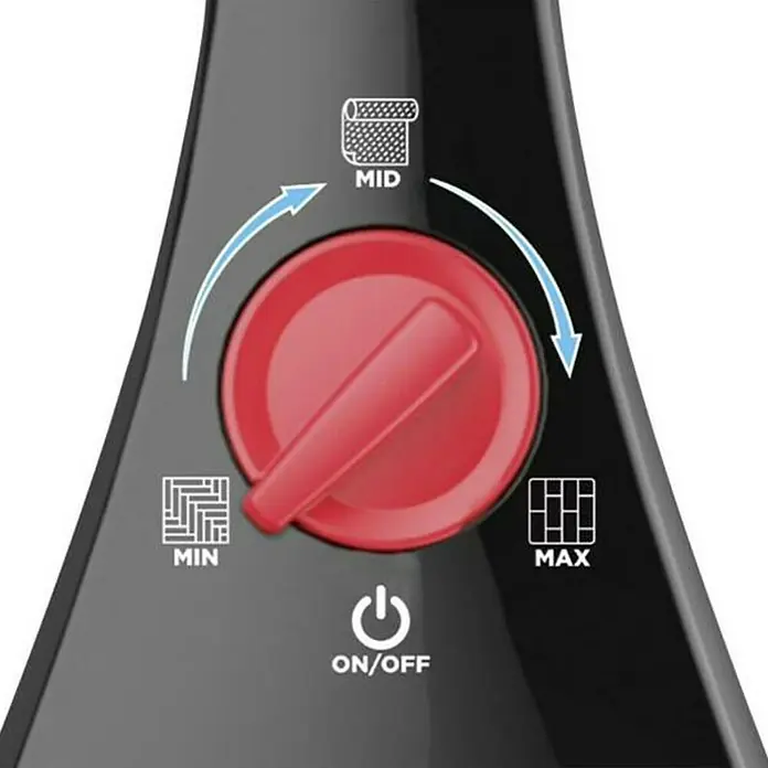 Vileda Steam Dampfreiniger Plus XXL40 cm, Bodenreinigung - Detailaufnahme einer schwarzen Dampfbürste mit einem roten Drehknopf zur Einstellung von Min, Mid und Max.