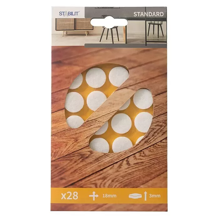 Stabilit Filzgleiter - Durchmesser: 18 mm, Weiß, Kleben, 28 Stk. - Packung mit 28 weißen Filzgleitern, 18mm Durchmesser, 3mm dick, zum Bodenschutz.