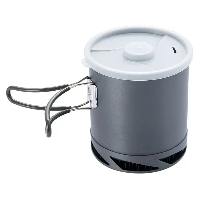 FireMaple Kochtopf XK6 - Aluminium, Ø x H: 12 x 13,3 cm - Grauer Metall-Campingtopf mit hellem Deckel und dunkelgrünen Klappgriffen für Outdoor-Kochen.