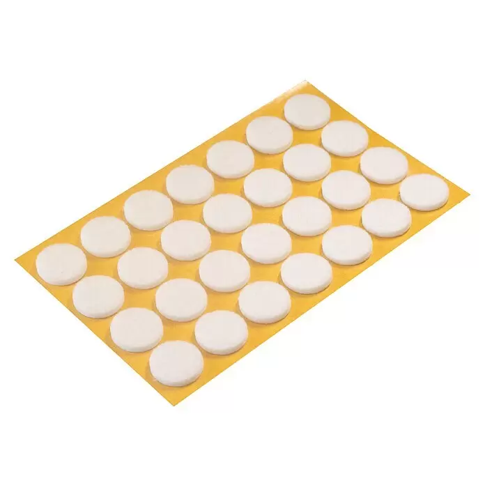 Stabilit Filzgleiter - Durchmesser: 18 mm, Weiß, Kleben, 28 Stk. - Bogen mit mehreren weißen, runden, selbstklebenden Filzgleitern für Möbel.