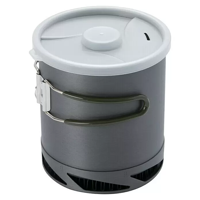 FireMaple Kochtopf XK6 - Aluminium, Ø x H: 12 x 13,3 cm - Grauer Campingtopf mit hellem Deckel und dunkelgrünen Klappgriffen. Mit Wärmetauscherboden.