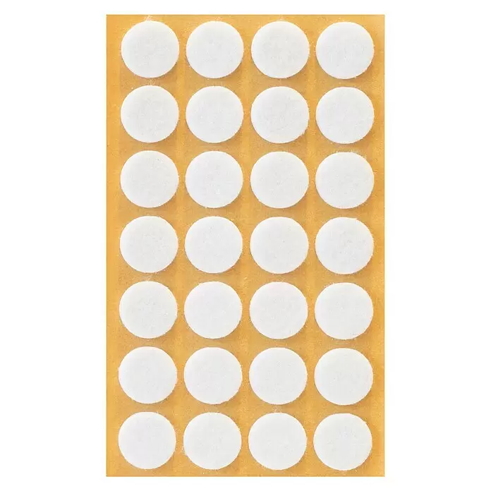 Stabilit Filzgleiter - Durchmesser: 18 mm, Weiß, Kleben, 28 Stk. - Blatt mit weißen selbstklebenden Filzgleitern für Möbel- und Bodenschutz.