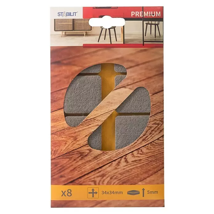 Stabilit Filzgleiter - B x L: 34 x 34 mm, Grau, Kleben, 8 Stk. - Verpackung mit 8 grauen Filz-Möbelgleitern, 34x34mm und 5mm dick, mit Klebefläche.