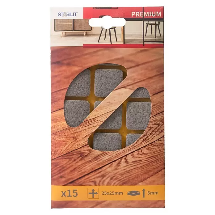 Stabilit Filzgleiter - B x L: 25 x 25 mm, Grau, Kleben, 15 Stk. - 15 graue Filzgleiter (25x25mm, 5mm dick) in Holzoptik-Verpackung mit Sichtfenster.