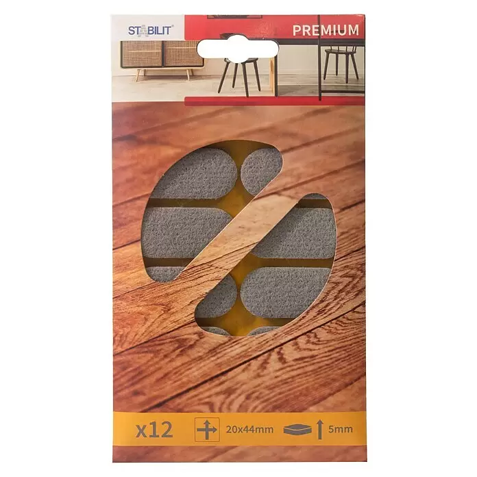 Stabilit Filzgleiter - B x L: 44 x 20 mm, Grau, Kleben, 12 Stk. - Zwölf graue Filzgleiter für Möbel, 20x44mm, 5mm dick.