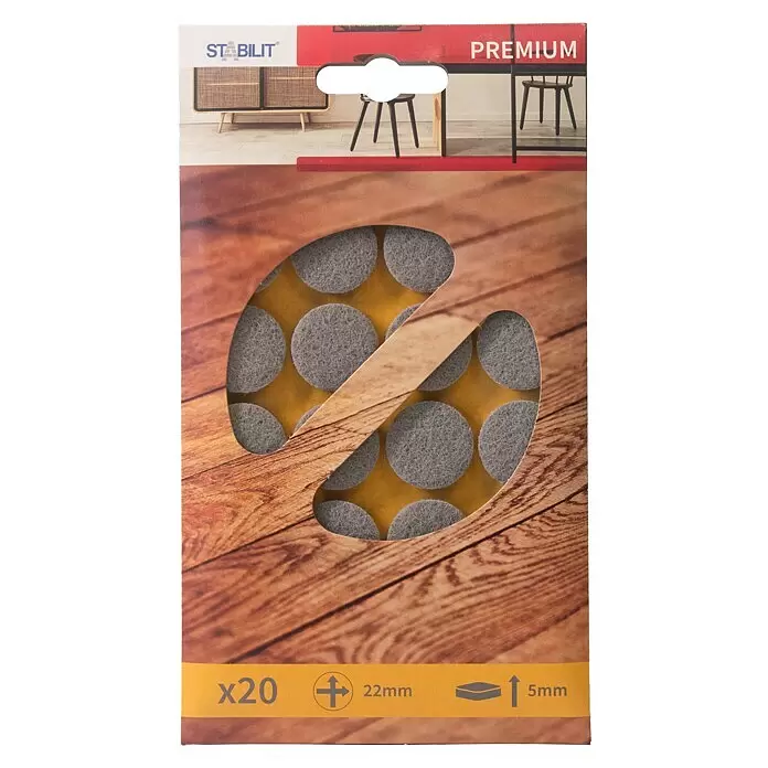 Stabilit Filzgleiter - Durchmesser: 22 mm, Grau, Kleben, 20 Stk. - Packung mit 20 runden grauen Filzgleitern, 22mm Durchmesser, 5mm dick.