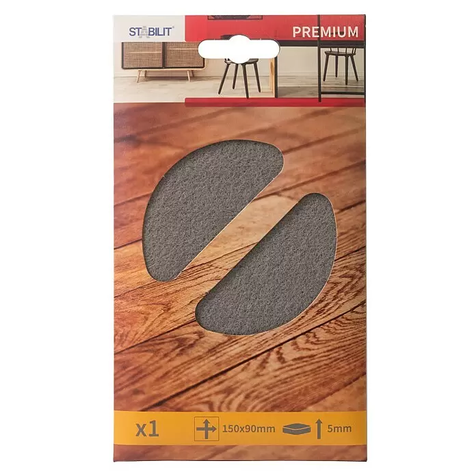 Stabilit Filzgleiter - B x L: 90 x 150 mm, Grau, Kleben, 1 Stk. - Verpackung mit zwei halbmondförmigen, grauen Filzgleitern (150x90mm, 5mm) auf Holzbodenmuster.