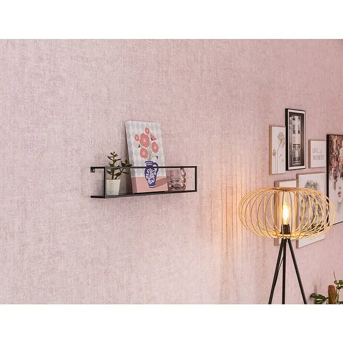 Dolle Wandregal Aquarium - L x B x H: 40 x 8 x 12 cm, Belastbarkeit: 15 kg, Stahl - Wandregal mit Dekorationen und Zimmerpflanze auf einer pinkfarbenen, strukturierten Wand. Hängelampe neben Bildern an der Wand.