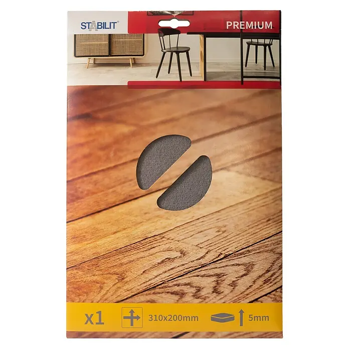 Stabilit Filzgleiter - B x L: 200 x 310 mm, Grau, Kleben, 1 Stk. - Produktverpackung für Premium-Möbelgleiter von Stabilit. Ideal zum Schutz von Böden mit den Maßen 310x200mm und 5mm Dicke.