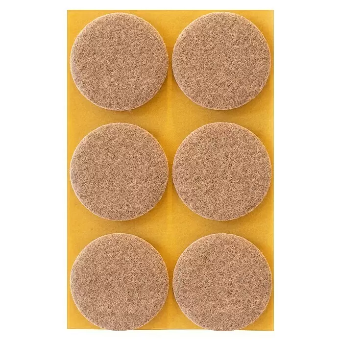 Stabilit Filzgleiter - Durchmesser: 45 mm, Braun, 6 Stk., Kleben - Sechs runde, braune Filzgleiter für Möbel auf gelbem Hintergrund.