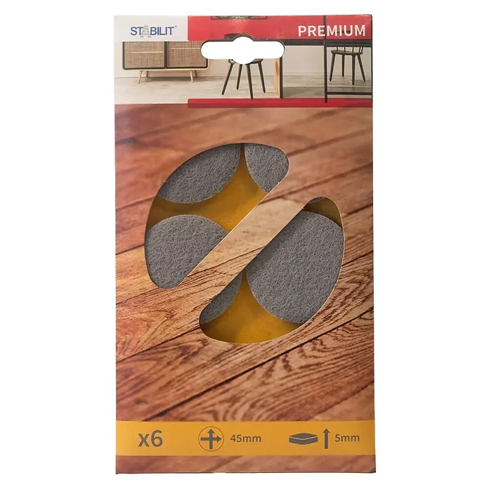 Stabilit Filzgleiter - Durchmesser: 45 mm, Grau, Kleben, 6 Stk. - Premium-Filzgleiter von Stabilit, 6 Stück, Durchmesser 45 mm, Dicke 5 mm. Ideal zum Schutz von Böden vor Kratzern durch Möbel.