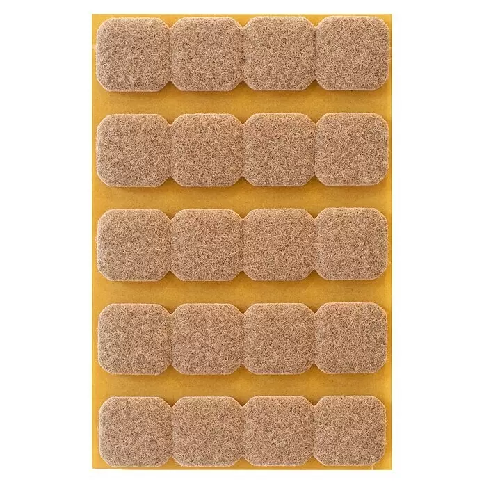 Stabilit Möbelgleiter - L x B x H: 22 x 22 x 5 mm, Rechteckig - Blatt mit rechteckigen, beigefarbenen Filzgleitern mit abgerundeten Ecken für Möbel, auf gelbem Trägerpapier angeordnet.