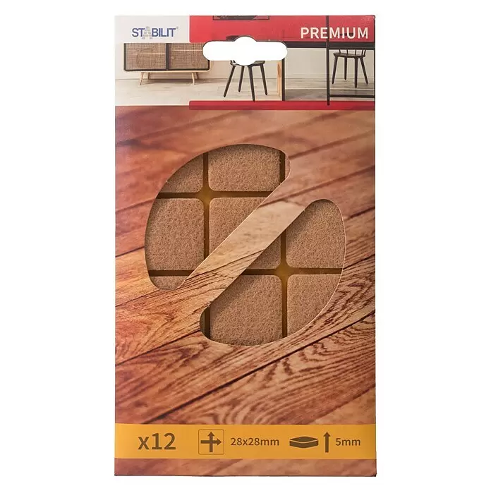 Stabilit Filzgleiter - B x L: 28 x 28 mm, Braun, 12 Stk., Kleben - Packung mit 12 braunen Filzgleitern, quadratisch 28x28mm und 5mm dick, in Holzoptik-Verpackung präsentiert.