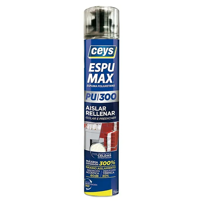 Ceys Adhesivo para montaje Espumax - Cartucho - Bote de espuma de poliuretano Ceys Espuma Max PU/300 para aislar y rellenar con máxima expansión y aislamiento acústico y térmico.