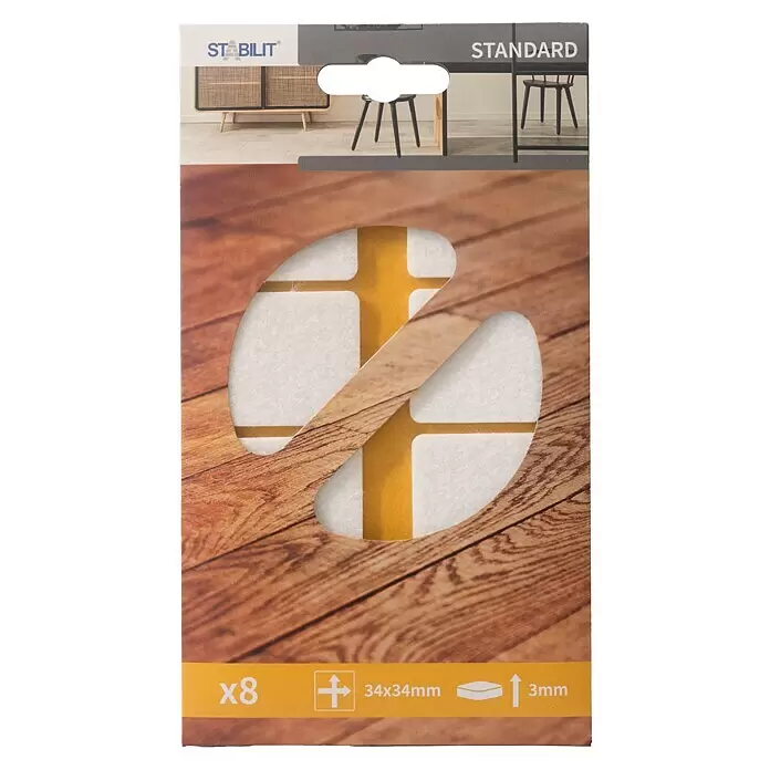 Stabilit Möbelgleiter - L x B x H: 34 x 34 x 3 mm, Rechteckig, 8 Stk. - Acht weiße Filz-Möbelgleiter, 34x34mm und 3mm dick, zum Bodenschutz.