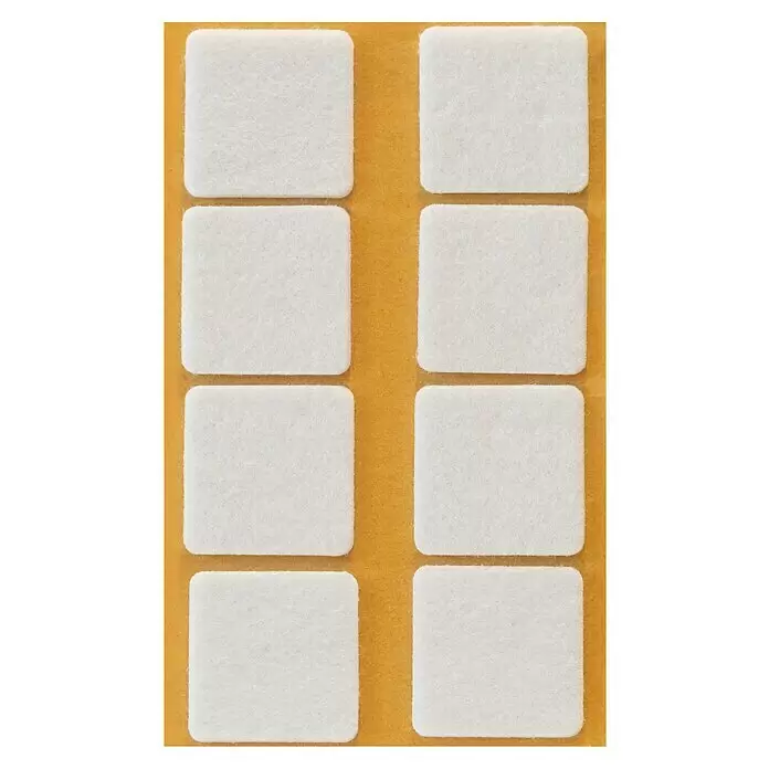 Stabilit Möbelgleiter - L x B x H: 34 x 34 x 3 mm, Rechteckig, 8 Stk. - Acht weiße quadratische selbstklebende Filzgleiter für Möbel auf einer goldbraunen Trägerfolie.