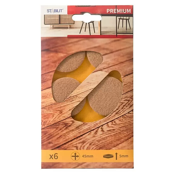 Stabilit Filzgleiter - Durchmesser: 45 mm, Braun, 6 Stk., Kleben - Sechs beige Filzgleiter, 45mm Durchmesser, 5mm dick, in der Verkaufsverpackung.