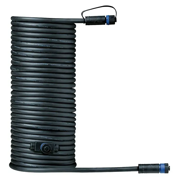 Paulmann Plug & Shine Verbindungskabel - 10 m, 2 Anschlüsse, IP68 - Eine Nahaufnahme eines aufgerollten schwarzen Verlängerungskabels mit blauem Stecker an beiden Enden.