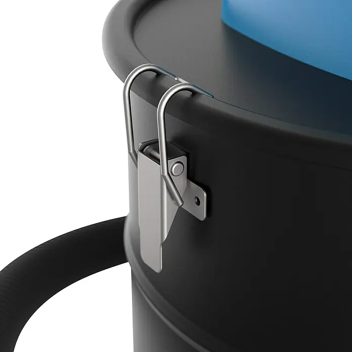 Güde Aschesauger - 1.200 W, 18 l - Nahaufnahme eines schwarzen Staubsaugers mit silbernen Verschlüssen, die den Deckel sichern. Fokus auf die Detailverarbeitung des Geräts.