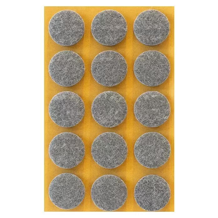 Stabilit Filzgleiter - Durchmesser: 25 mm, Grau, Kleben, 15 Stk. - Graue runde Filzgleiter für Möbel auf gelber Klebefolie.