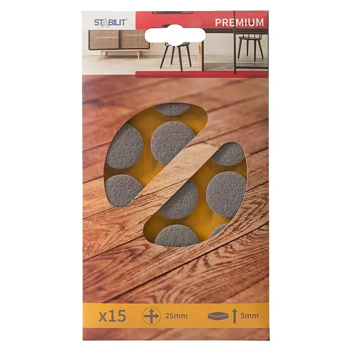 Stabilit Filzgleiter - Durchmesser: 25 mm, Grau, Kleben, 15 Stk. - Packung mit 15 grauen Filzgleitern für Möbel, 25mm Durchmesser, 5mm dick. Sichtbar durch die Verpackung im Holzdesign.