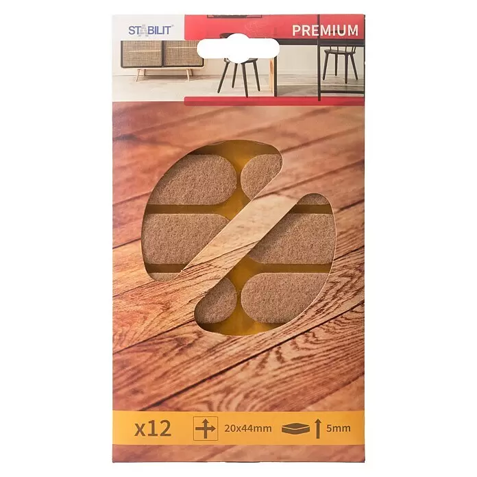 Stabilit Filzgleiter - B x L: 44 x 20 mm, Braun, 12 Stk., Kleben - STABILIT PREMIUM Packung mit 12 braunen Filzgleitern, 20x44mm, 5mm dick. Gleiter durch Ausschnitte sichtbar.