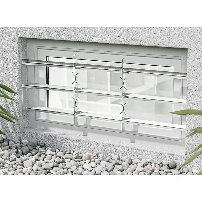 Stabilit Fenstergitter - Höhe: 450 mm, Auszugslänge: 100 cm - 150 cm, Fensterlaibungsmontage - Ein Kellerfenster mit einem Gitter zum Schutz vor Einbrüchen, das Sicherheit bietet und gleichzeitig Licht in den Raum lässt.