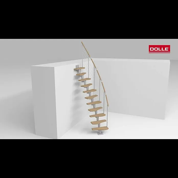 Dolle Mittelholmtreppe BaselBreite: 64 mm, Perlgrau, Variabel, Farbe Stufen: Ahorn Natur, Geschosshöhe: 222 cm - 270 cm - Montagevideo Mittelholmtreppe DOLLE Basel gewendelt