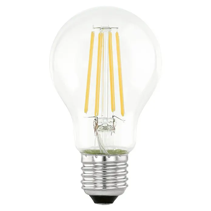 Eglo LED-Lampe mit Day-/Night-Sensor - E27, Nicht Dimmbar, Warmweiß, 806 lm, 6 W, 1 Stk. - Nahaufnahme einer LED-Filament-Glühbirne mit klarem Glas, die die gelben Filamente und die silberne Basis zeigt.