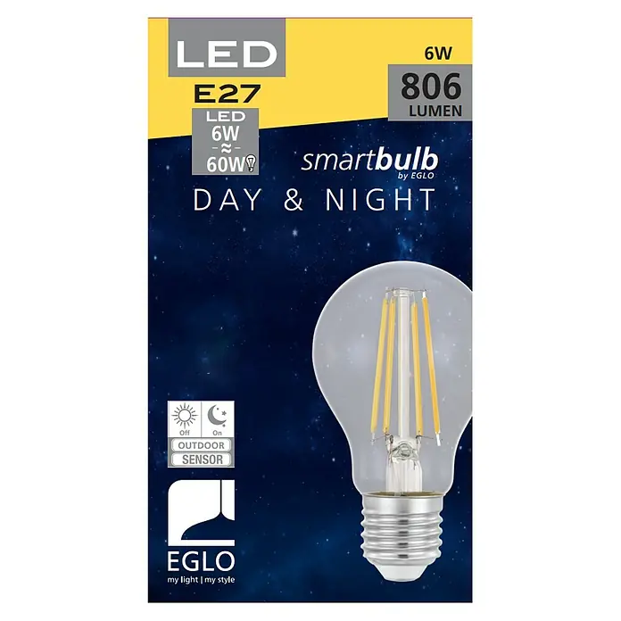 Eglo LED-Lampe mit Day-/Night-Sensor - E27, Nicht Dimmbar, Warmweiß, 806 lm, 6 W, 1 Stk. - Abbildung einer LED-Glühbirne E27, 6W, 806 Lumen, Smartbulb für Tag & Nacht von EGLO mit Outdoor-Sensor für Beleuchtung.