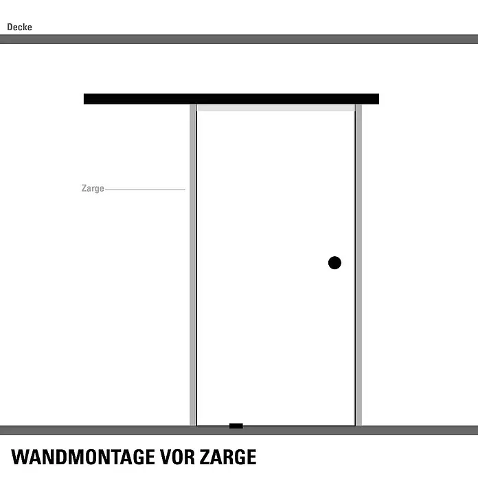 Diamond Doors Abstands-Set Linea 60 2.0 - Schwarz, 2.200 x 15,5 x 63,5 mm, Passend für: Diamond Doors Glasschiebetür-Beschlag Linea 60 2.0 - Schematische Darstellung einer Glasschiebetür mit schwarzen Akzenten und der Bezeichnung "Wandmontage vor Zarge".