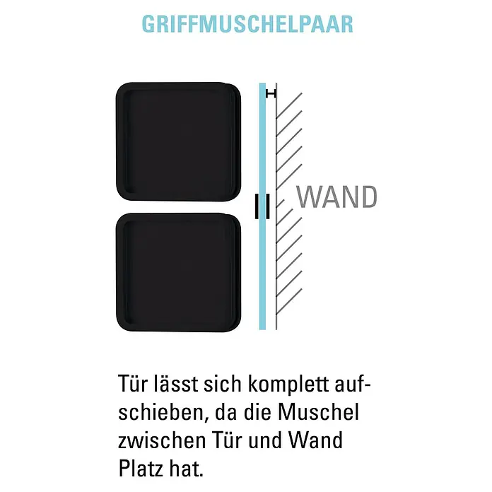 Diamond Doors Griffmuschel Flex Quattro - Schwarz, 58 x 58 mm - Abbildung eines Griffmuschelpaars, das die vollständige Öffnung der Tür durch den Platz zwischen Tür und Wand ermöglicht.