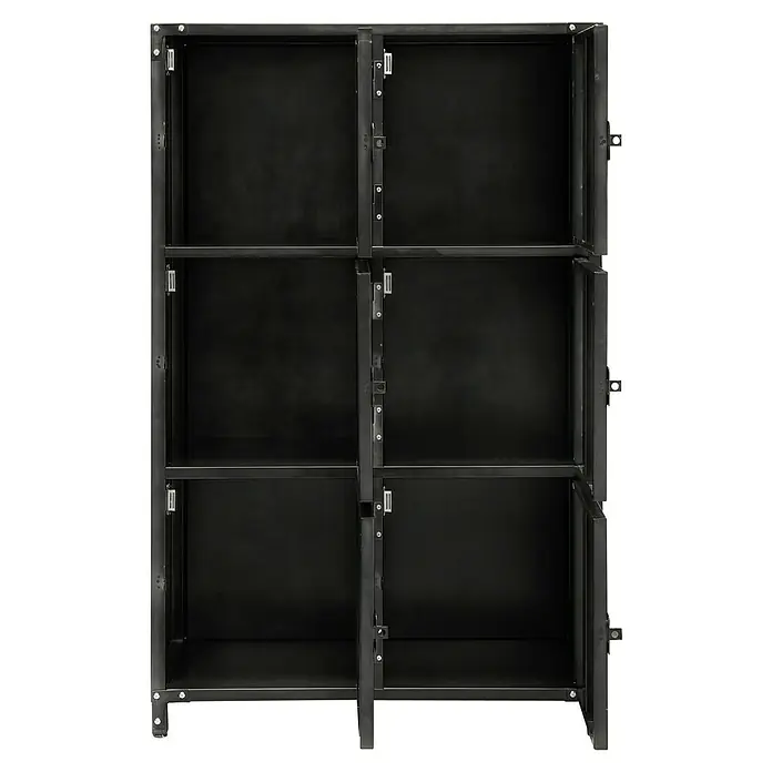 Armario multiusos metálico Vintage - 35 x 75 x 120 cm, Número de puertas: 6 ud., Número de compartimentos: 6 ud. - Taquillas metálicas negras con compartimentos y puertas abiertas. El diseño robusto ofrece un práctico almacenamiento de estilo industrial.