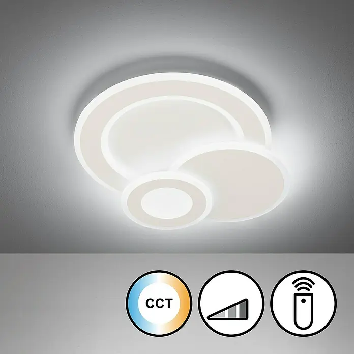 Fischer & Honsel LED-Deckenleuchte Joster - 43 W, L x B x H: 53,5 x 45,5 x 7 cm, Weiß, Mehrfarbig, Rund - Moderne LED-Deckenleuchte mit mehreren Kreisen, die ein helles und stilvolles Ambiente erzeugt. Inklusive Fernbedienung und CCT Funktion.
