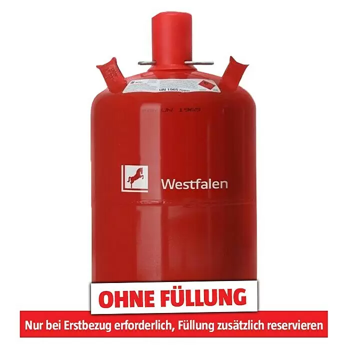 Westfalen Propangas-Flasche Pfandflasche ohne Füllung* - Fassungsvermögen: 11 kg - Rote Gasflasche mit Schutzkappe und "Westfalen"-Logo.