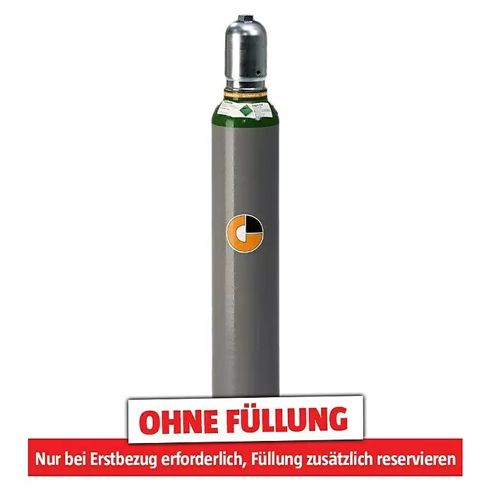 Westfalen Argon-Flasche ohne Füllung* - Fassungsvermögen: 10 l - Graue Gasflasche mit grüner Schulter und Metallkappe. Überlagerter Text: "OHNE FÜLLUNG" und Hinweis zur Füllung.